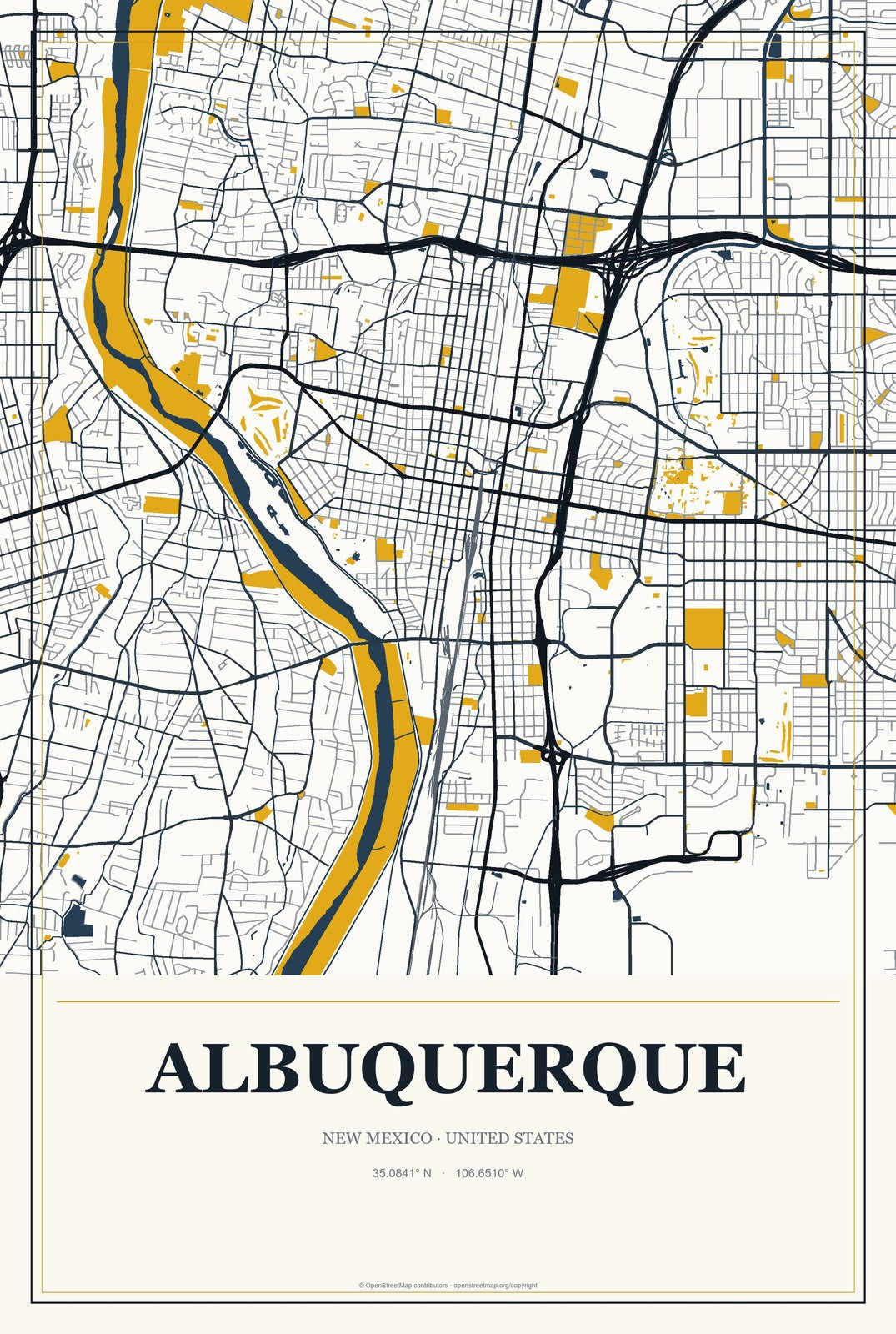 Albuquerque, New Mexico City Map Aluminum Sign in Citrine Modern style