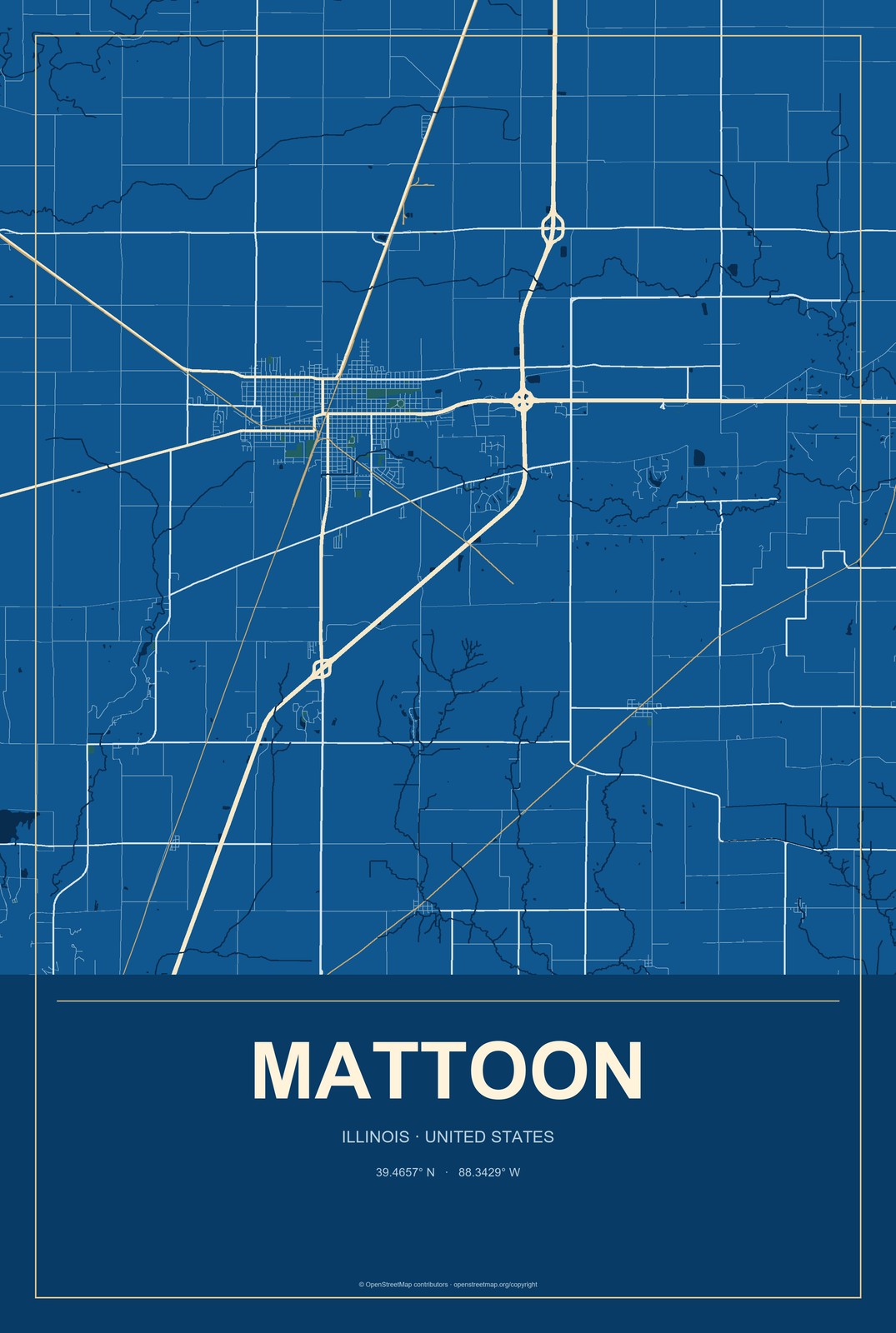 Mattoon, Illinois City Map Aluminum Sign in Harbor Cobalt style