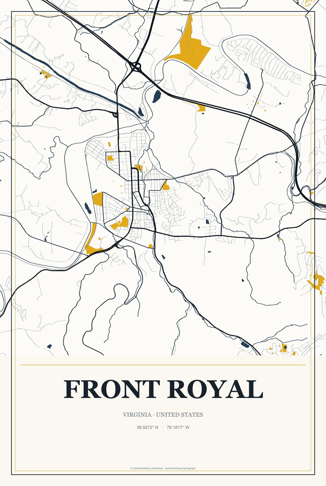 Front Royal, Virginia City Map Aluminum Sign in Citrine Modern style
