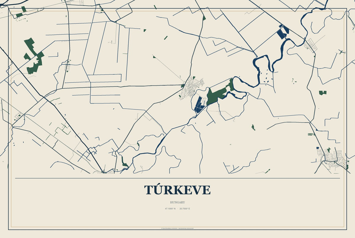 Túrkeve, Hungary City Map Aluminum Sign in Coastal Cutout style
