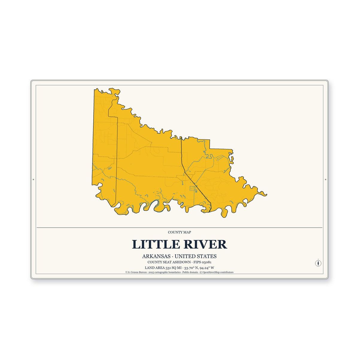 Little River County, Arkansas Map Aluminum Sign in Citrine Modern style