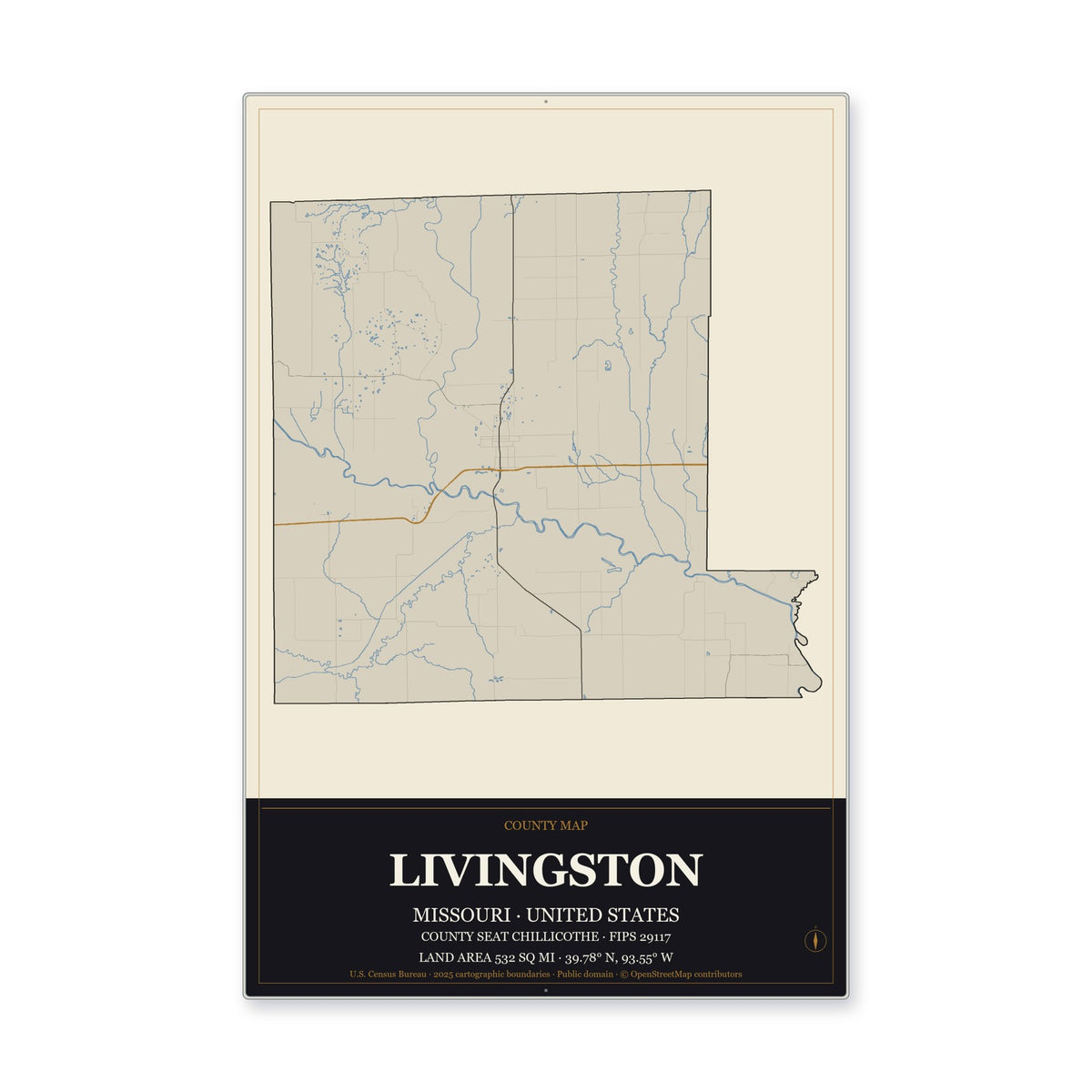 Livingston County, Missouri Map Aluminum Sign in Museum Plaque style