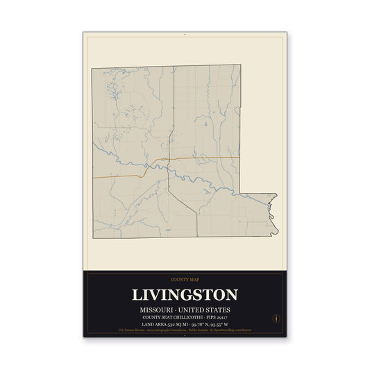 Livingston County, Missouri Map Aluminum Sign in Museum Plaque style
