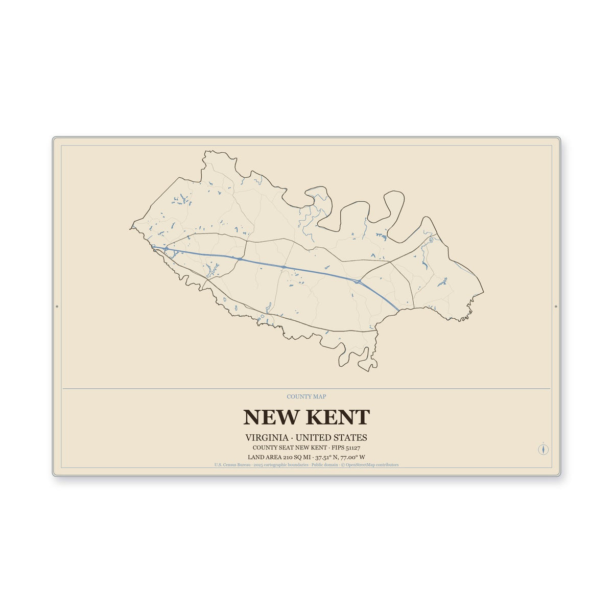 New Kent County, Virginia Map Aluminum Sign in Heritage Nautical style