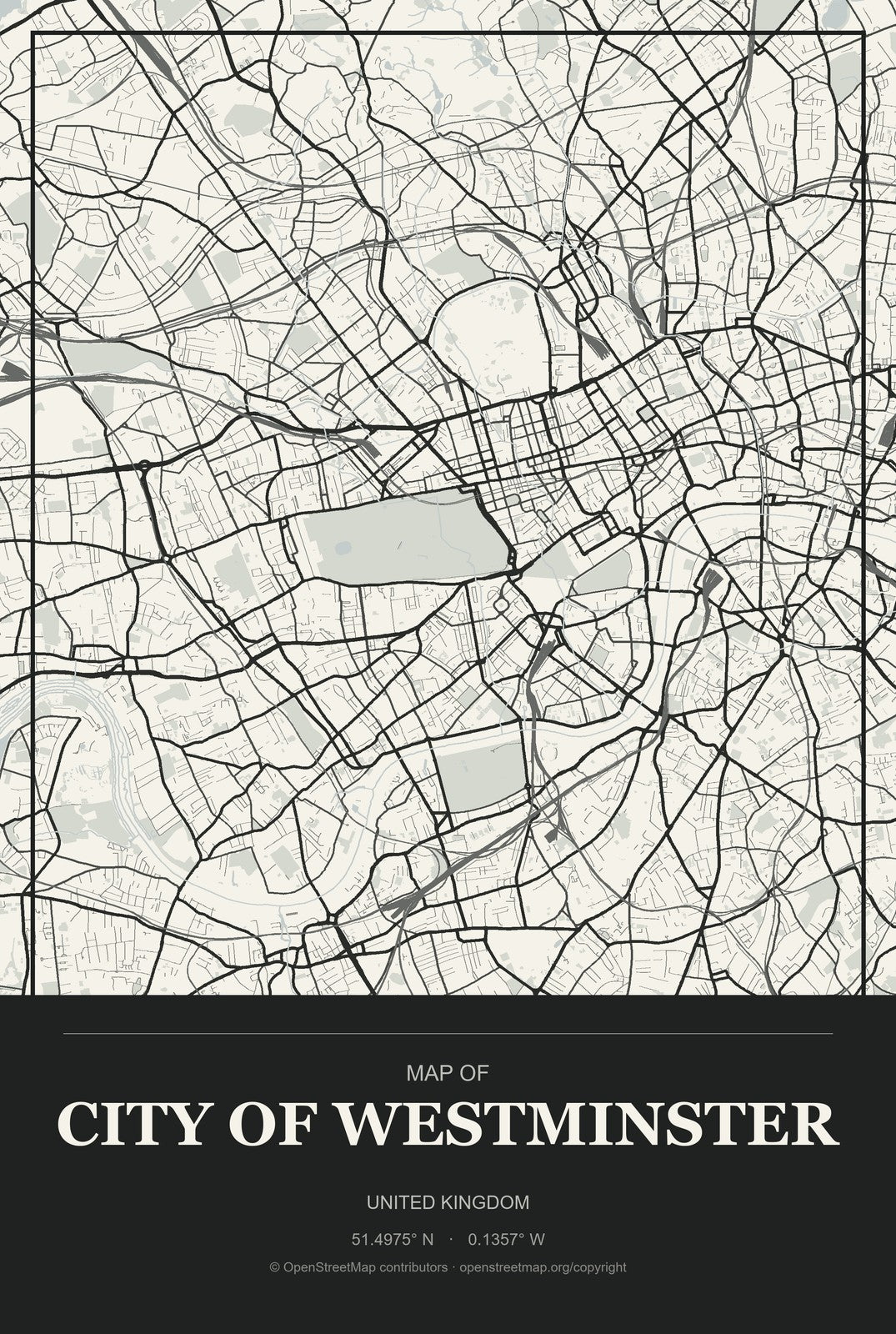 City of Westminster, United Kingdom City Map Aluminum Sign in Museum Plaque style