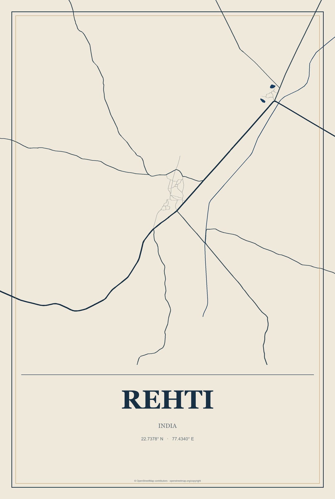 Rehti, India City Map Aluminum Sign in Coastal Cutout style