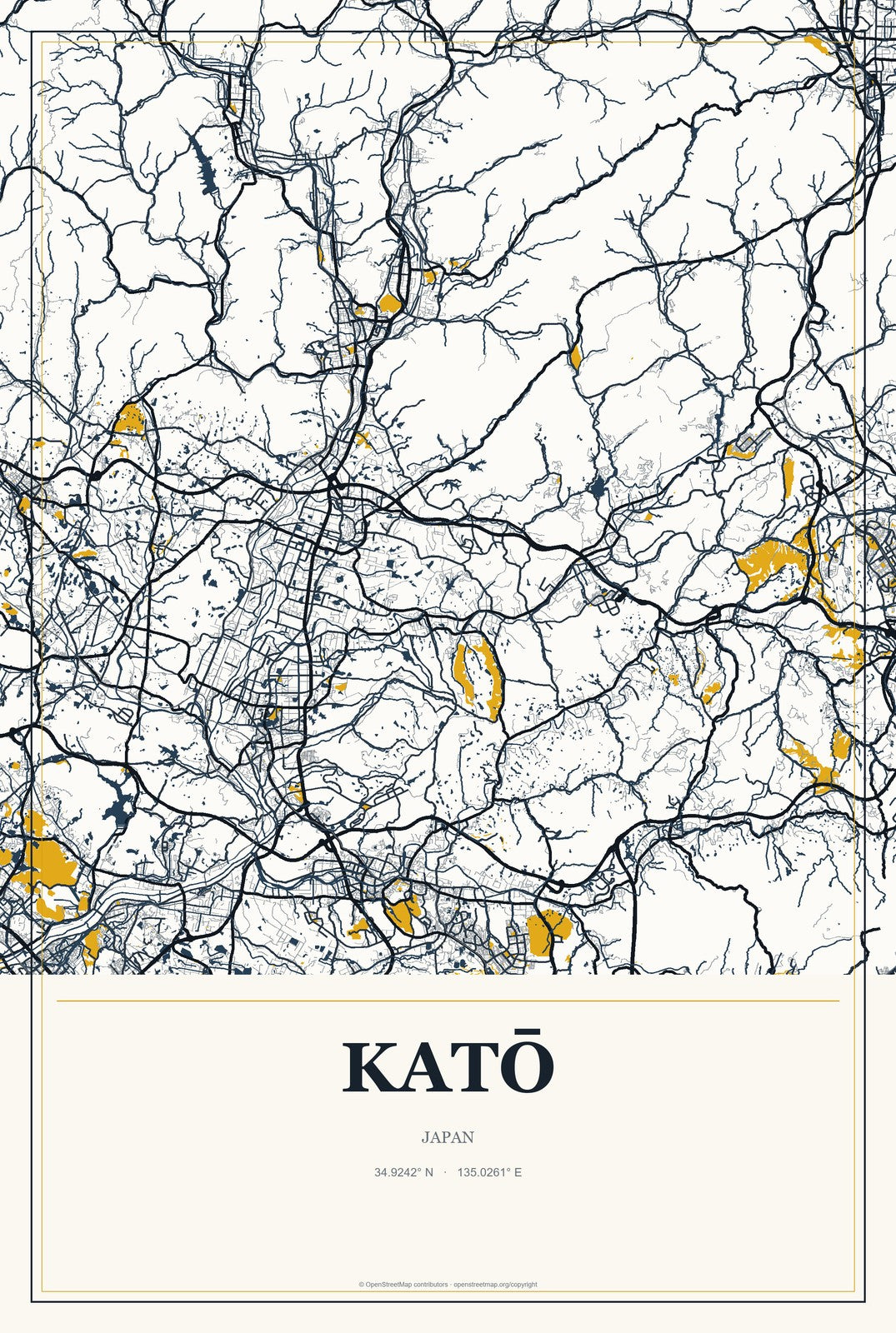 Katō, Japan City Map Aluminum Sign in Citrine Modern style