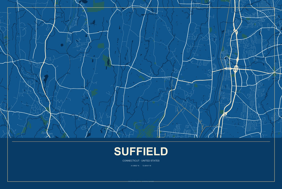 Suffield, Connecticut City Map Aluminum Sign in Harbor Cobalt style
