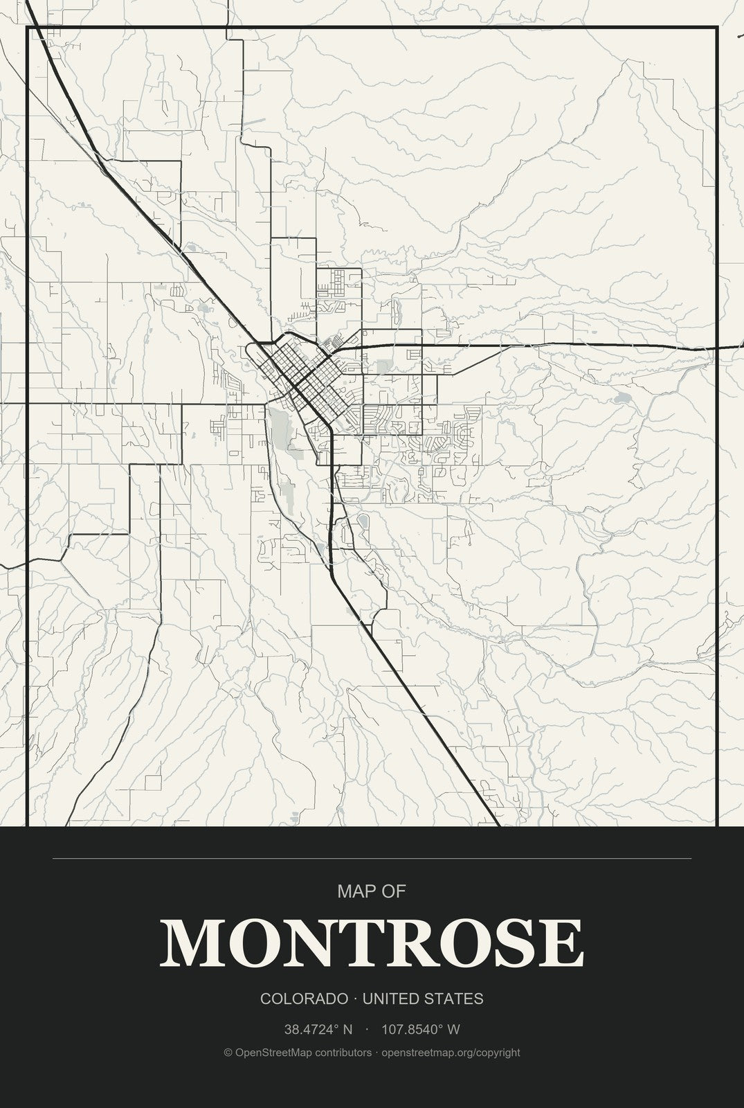 Montrose, Colorado City Map Aluminum Sign in Museum Plaque style