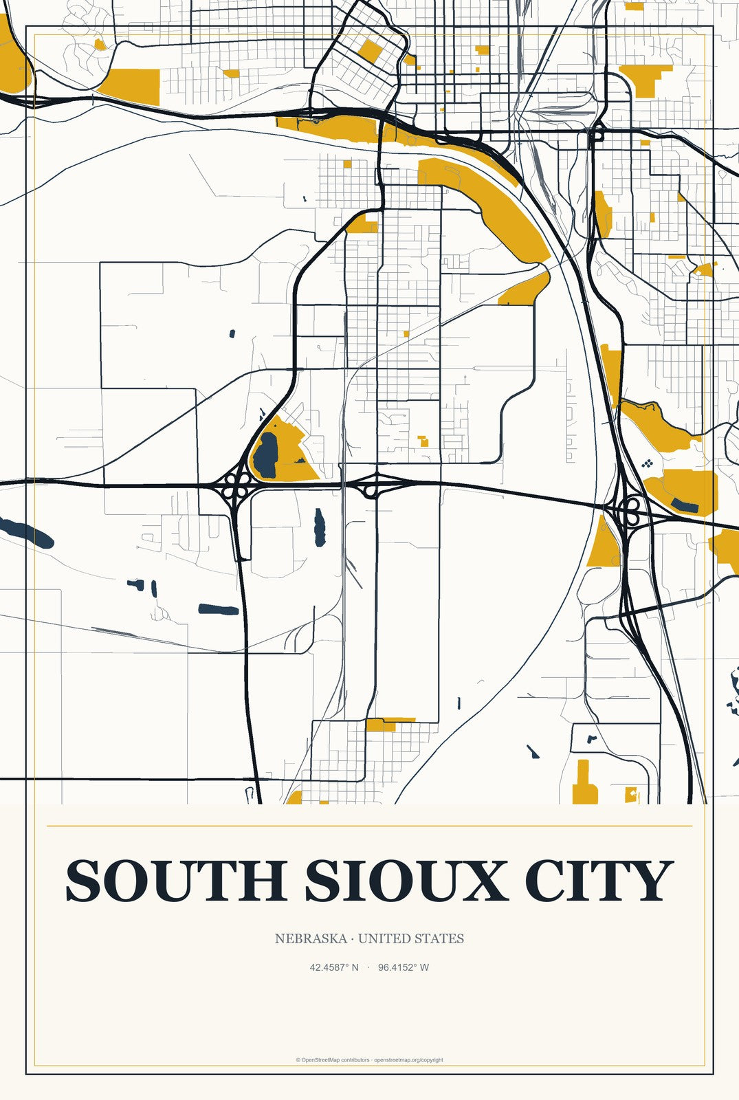 South Sioux City, Nebraska City Map Aluminum Sign in Citrine Modern style