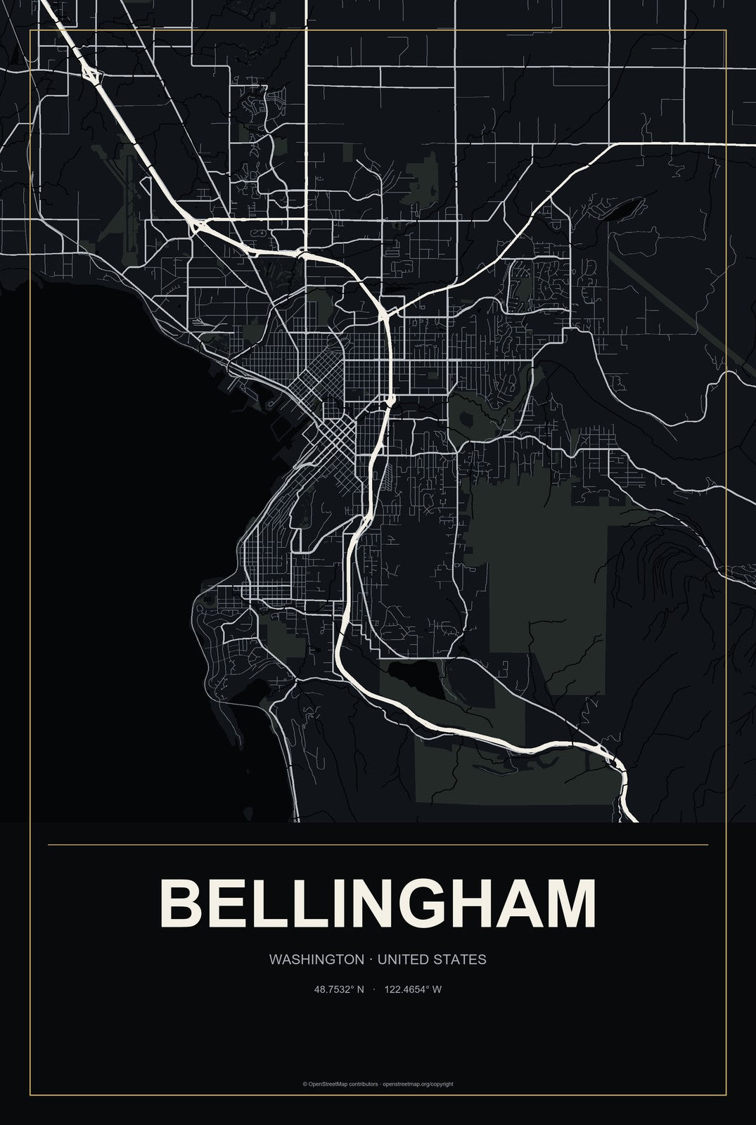 Bellingham, Washington City Map Aluminum Sign in Metropolitan Noir style