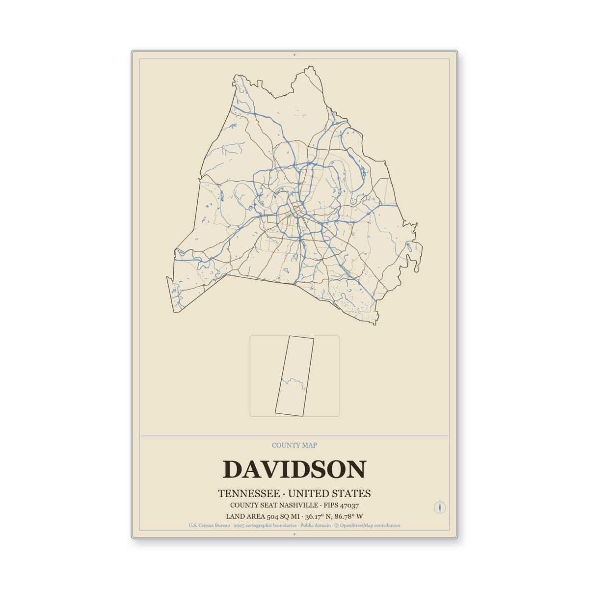 Davidson County, Tennessee Map Aluminum Sign in Heritage Nautical style