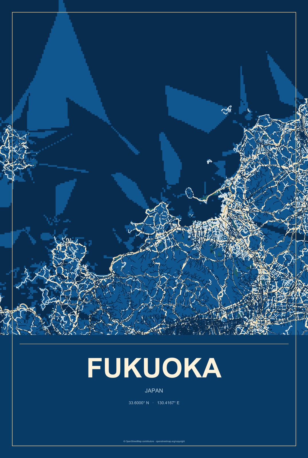 Fukuoka, Japan City Map Aluminum Sign in Harbor Cobalt style