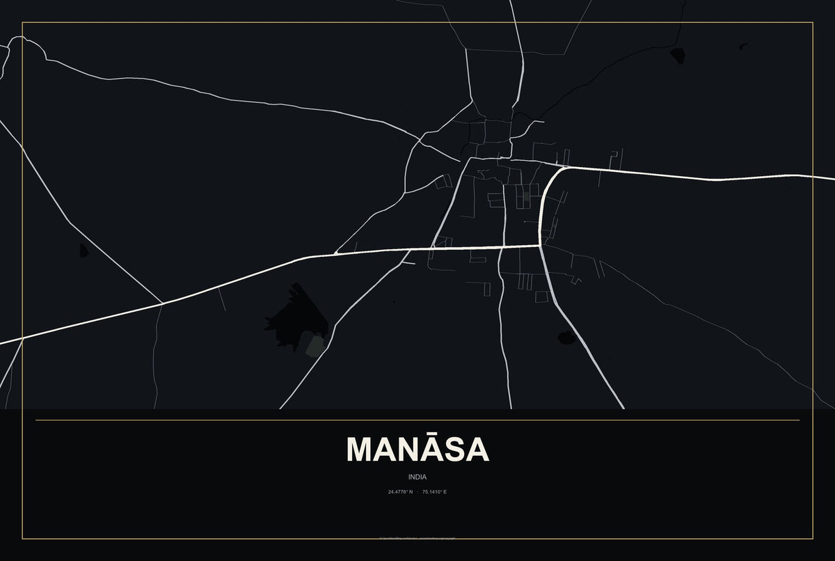 Manāsa, India City Map Aluminum Sign in Metropolitan Noir style