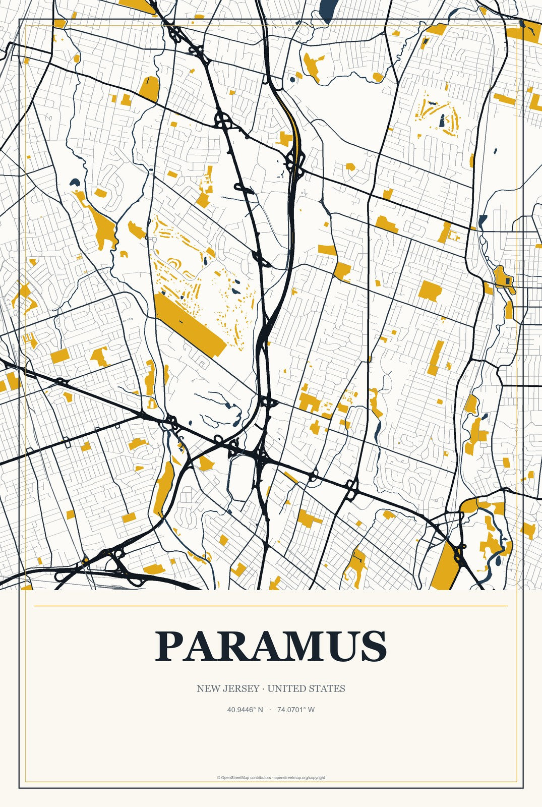 Paramus, New Jersey City Map Aluminum Sign in Citrine Modern style