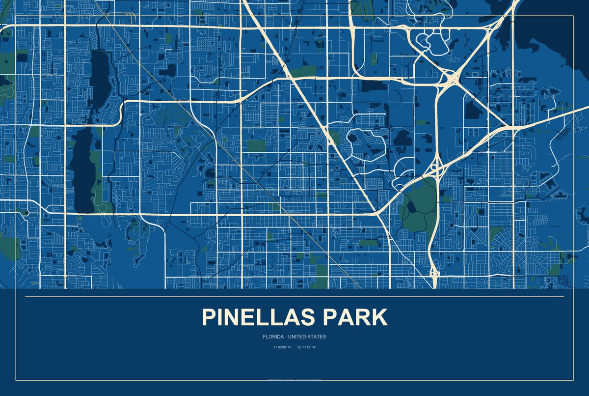 Pinellas Park, Florida City Map Aluminum Sign in Harbor Cobalt style