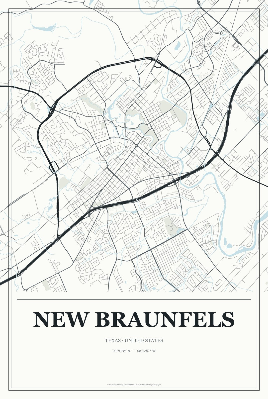 New Braunfels, Texas City Map Aluminum Sign in Gallery Air style