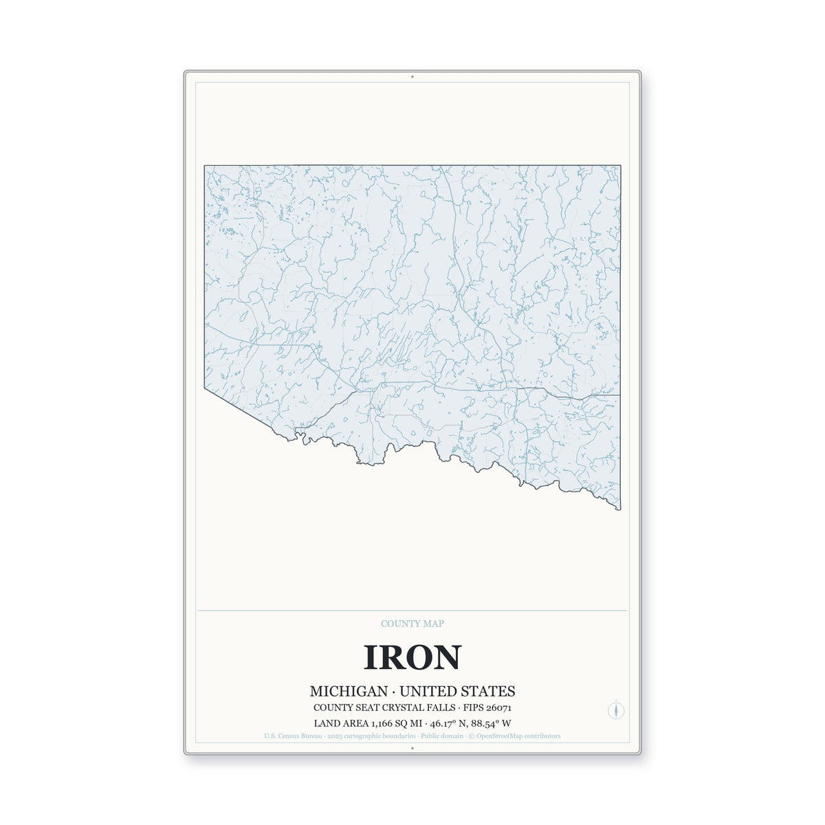 Iron County, Michigan Map Aluminum Sign in Gallery Air style