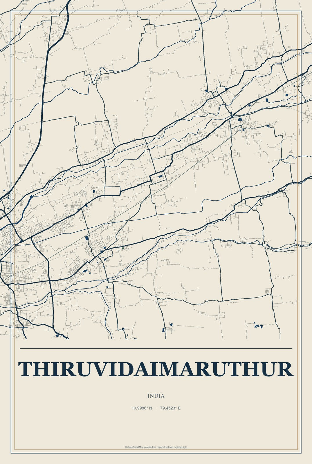 Thiruvidaimaruthur, India City Map Aluminum Sign in Coastal Cutout style