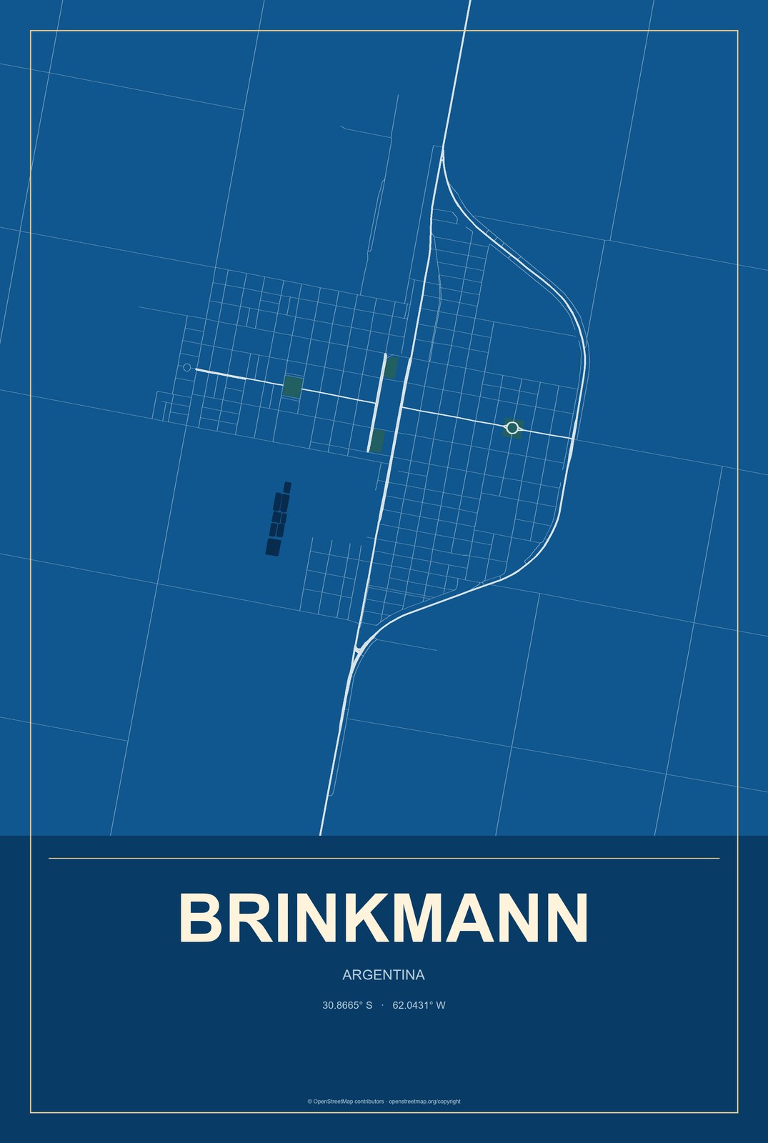 Brinkmann, Argentina City Map Aluminum Sign in Harbor Cobalt style