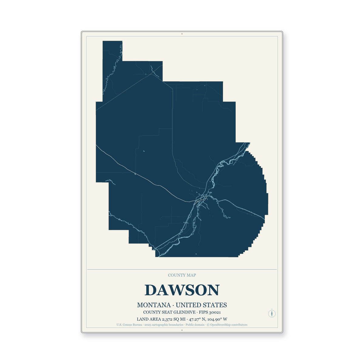 Dawson County, Montana Map Aluminum Sign in Coastal Cutout style