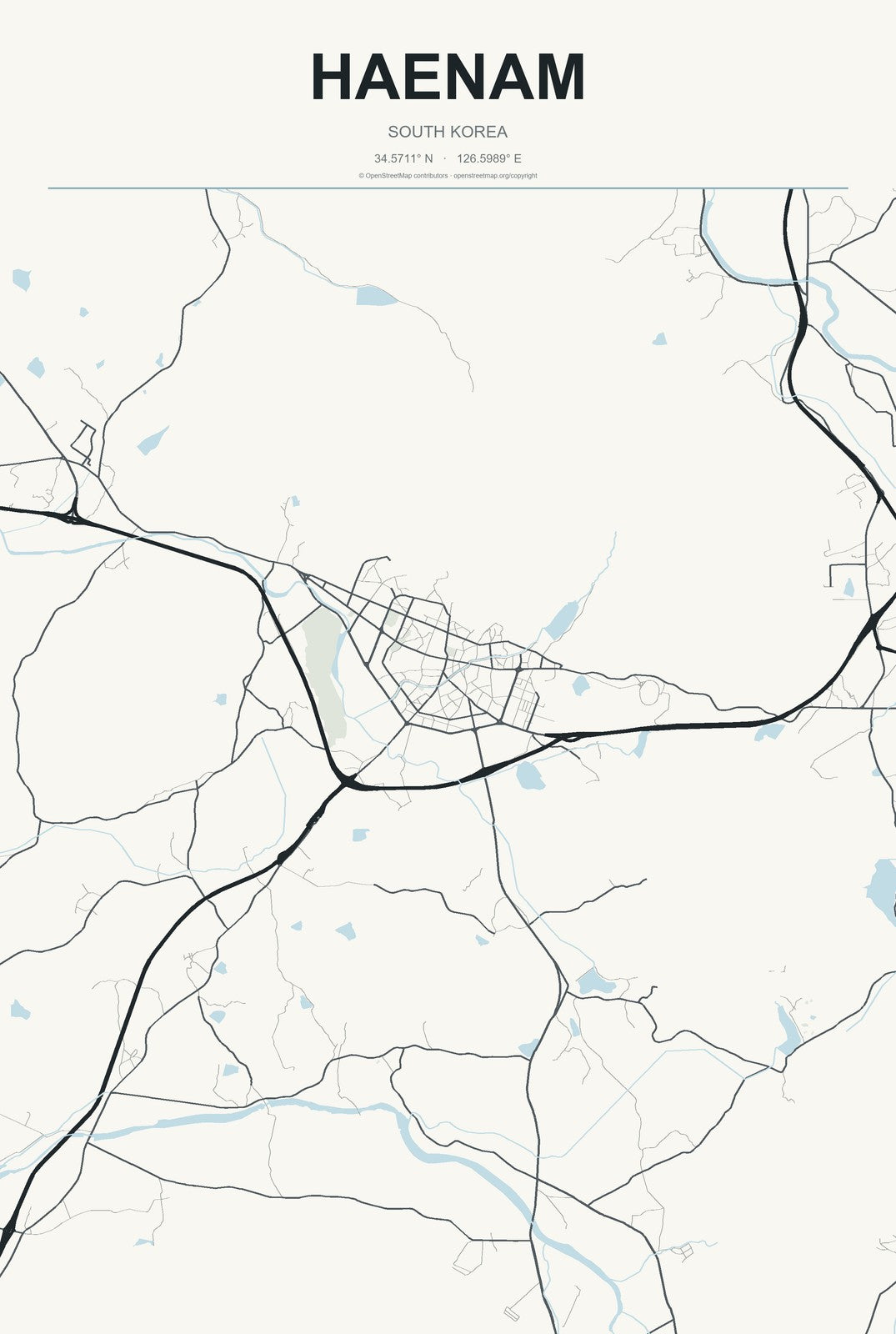 Haenam, South Korea City Map Aluminum Sign in Headline Atlas style