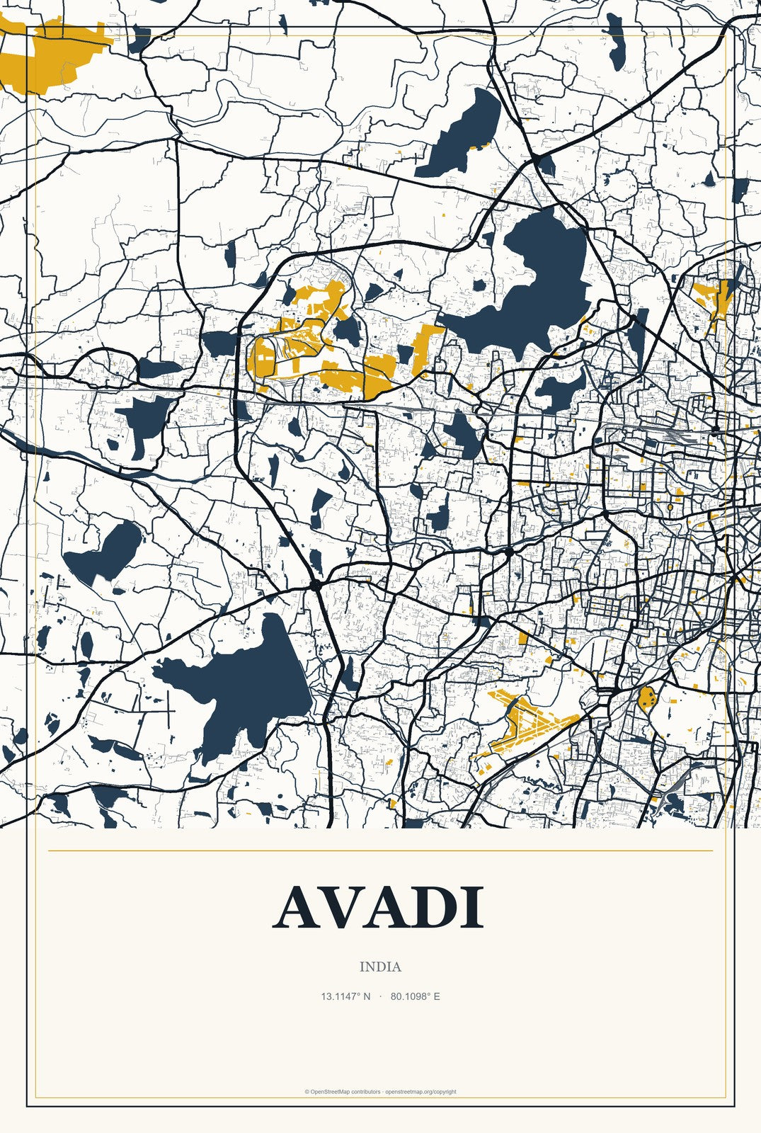 Avadi, India City Map Aluminum Sign in Citrine Modern style