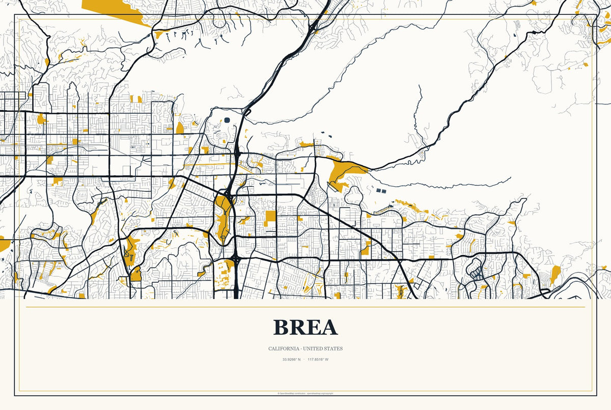 Brea, California City Map Aluminum Sign in Citrine Modern style