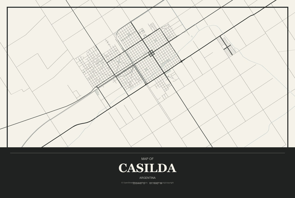 Casilda, Argentina City Map Aluminum Sign in Museum Plaque style