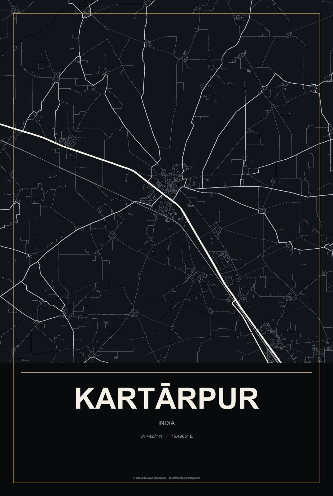 Kartārpur, India City Map Aluminum Sign in Metropolitan Noir style