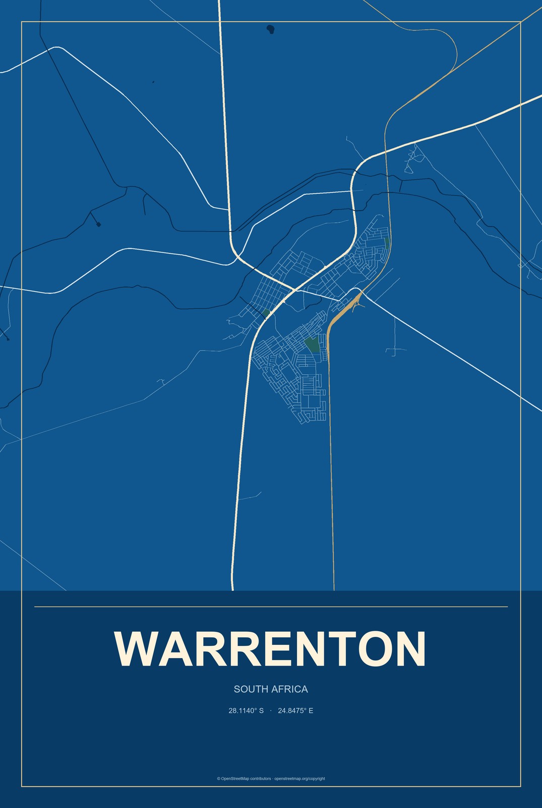 Warrenton, South Africa City Map Aluminum Sign in Harbor Cobalt style