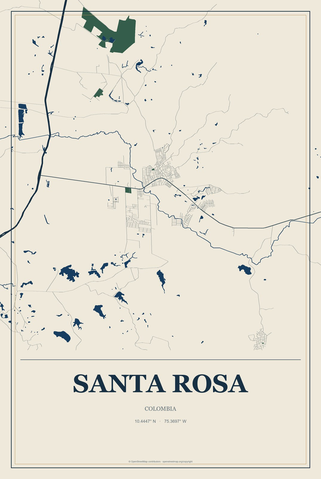 Santa Rosa, Colombia City Map Aluminum Sign in Coastal Cutout style