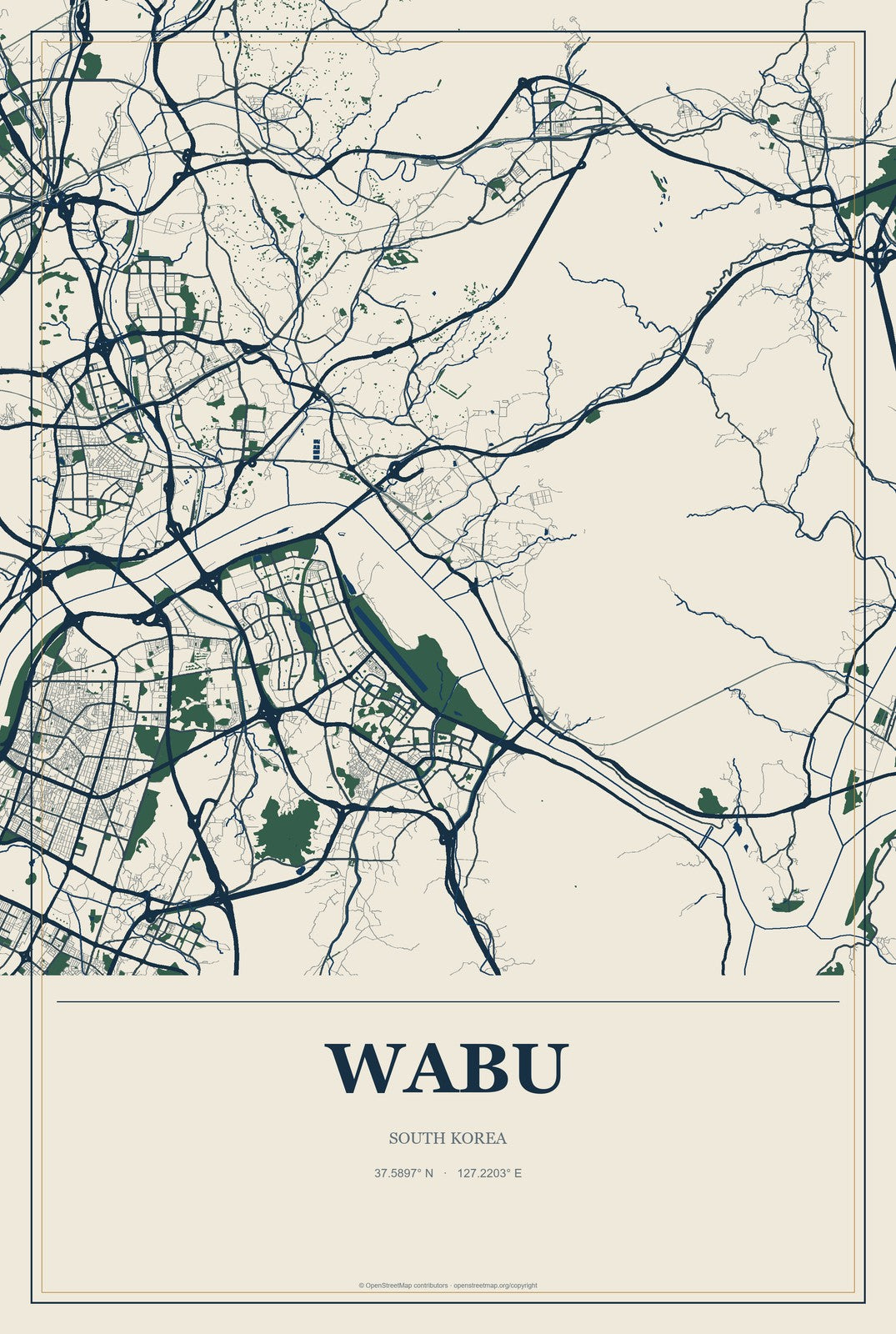 Wabu, South Korea City Map Aluminum Sign in Coastal Cutout style