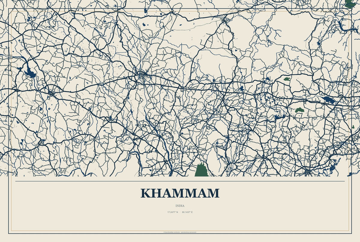 Khammam, India City Map Aluminum Sign in Coastal Cutout style