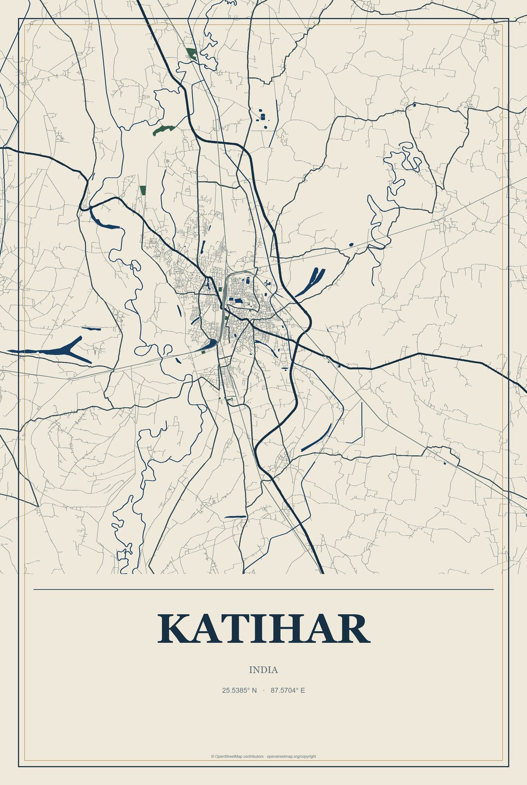 Katihar, India City Map Aluminum Sign in Coastal Cutout style