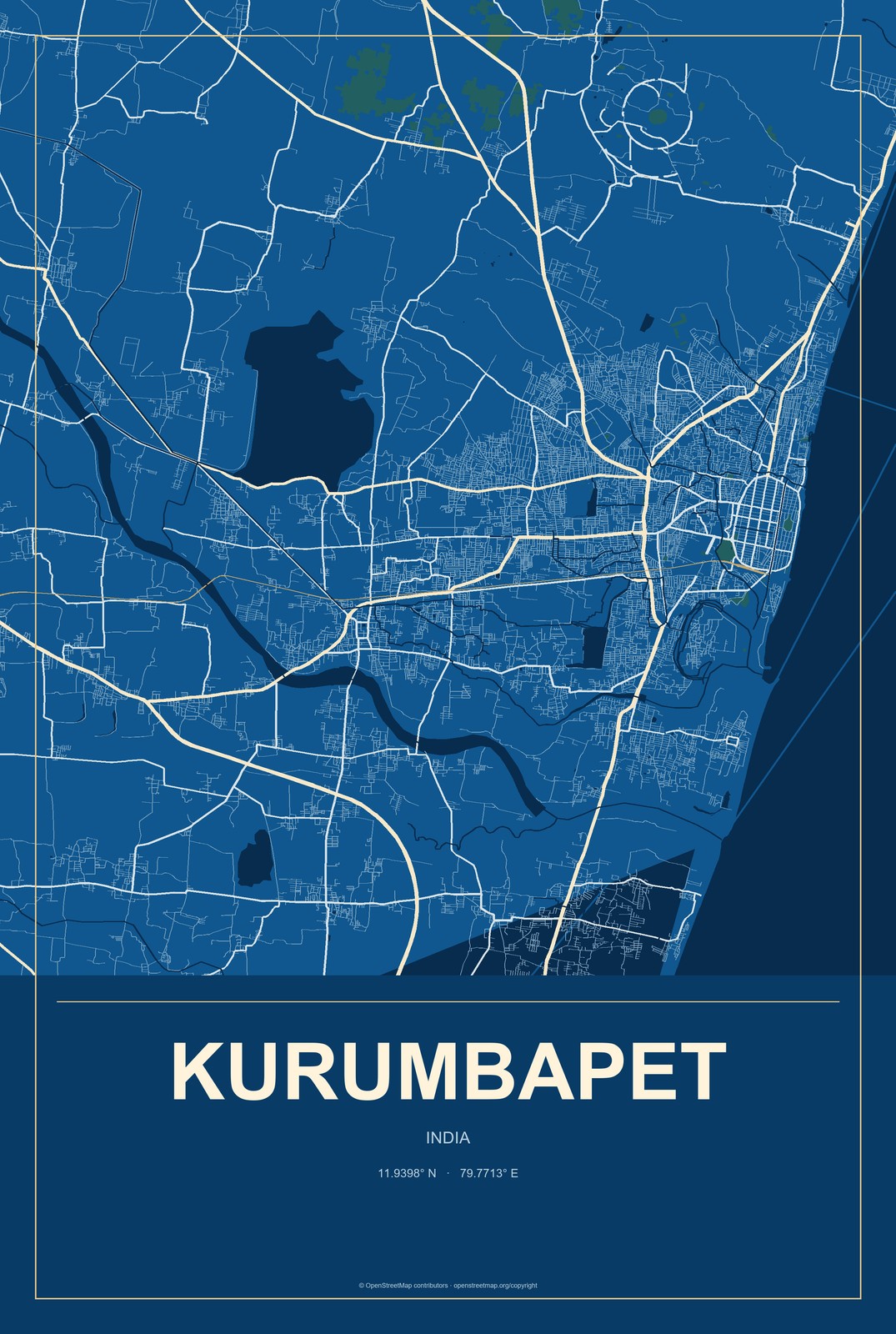 Kurumbapet, India City Map Aluminum Sign in Harbor Cobalt style