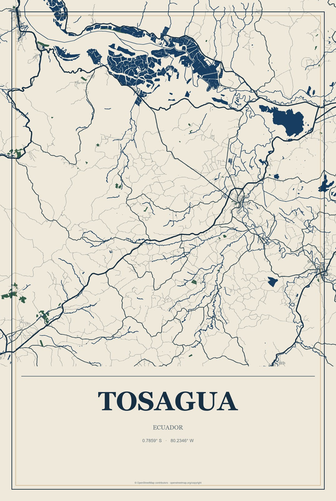 Tosagua, Ecuador City Map Aluminum Sign in Coastal Cutout style