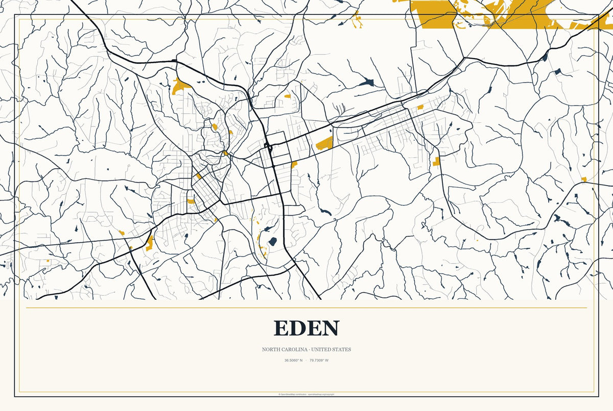 Eden, North Carolina City Map Aluminum Sign in Citrine Modern style