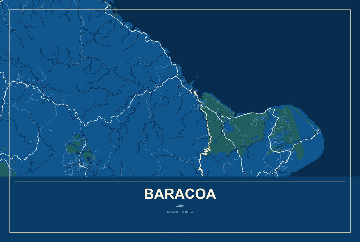 Baracoa, Cuba City Map Aluminum Sign in Harbor Cobalt style