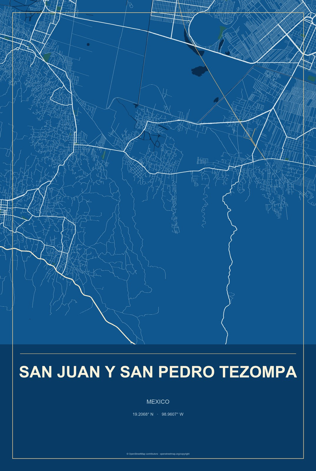San Juan y San Pedro Tezompa, Mexico City Map Aluminum Sign in Harbor Cobalt style