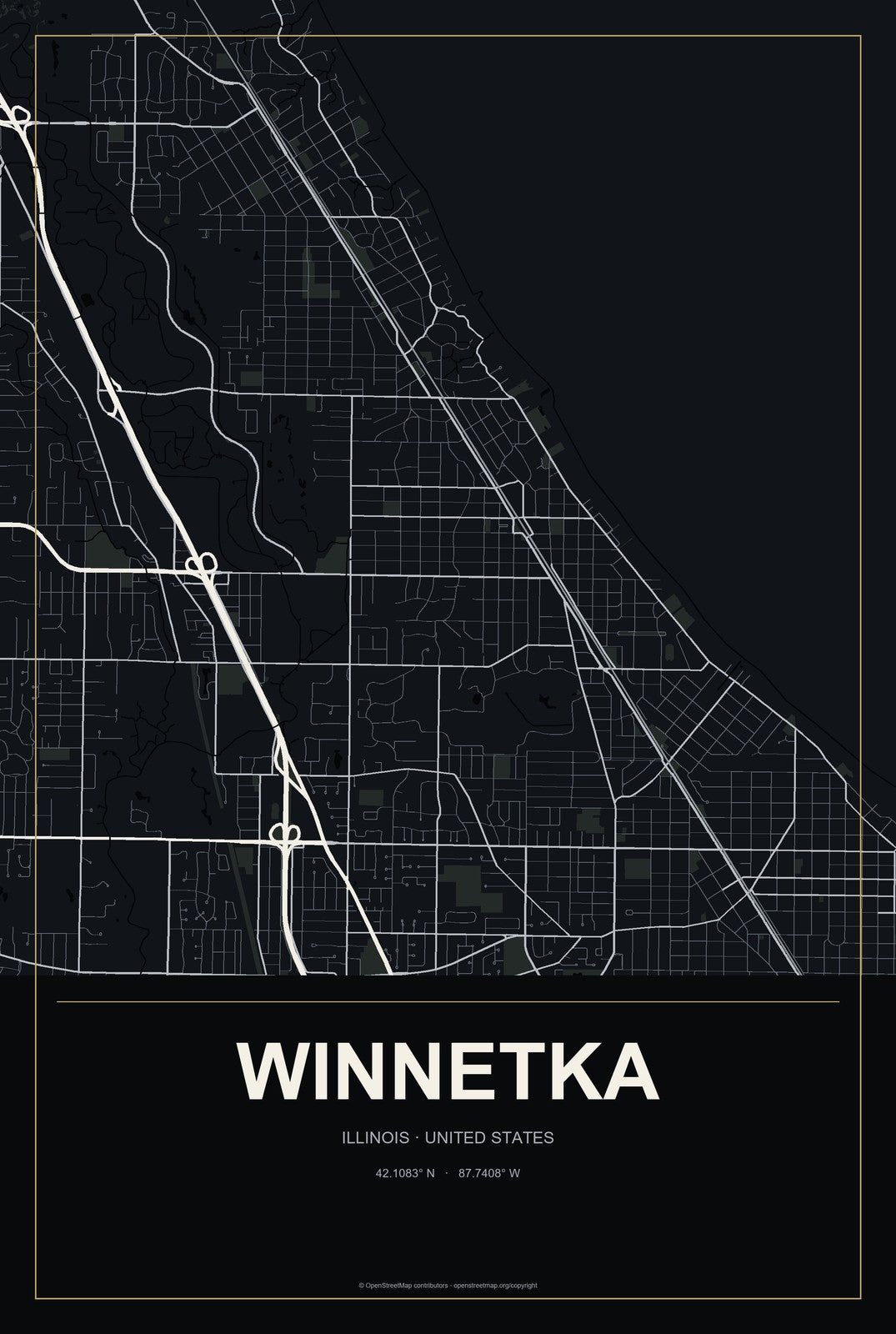Winnetka, Illinois City Map Aluminum Sign in Metropolitan Noir style
