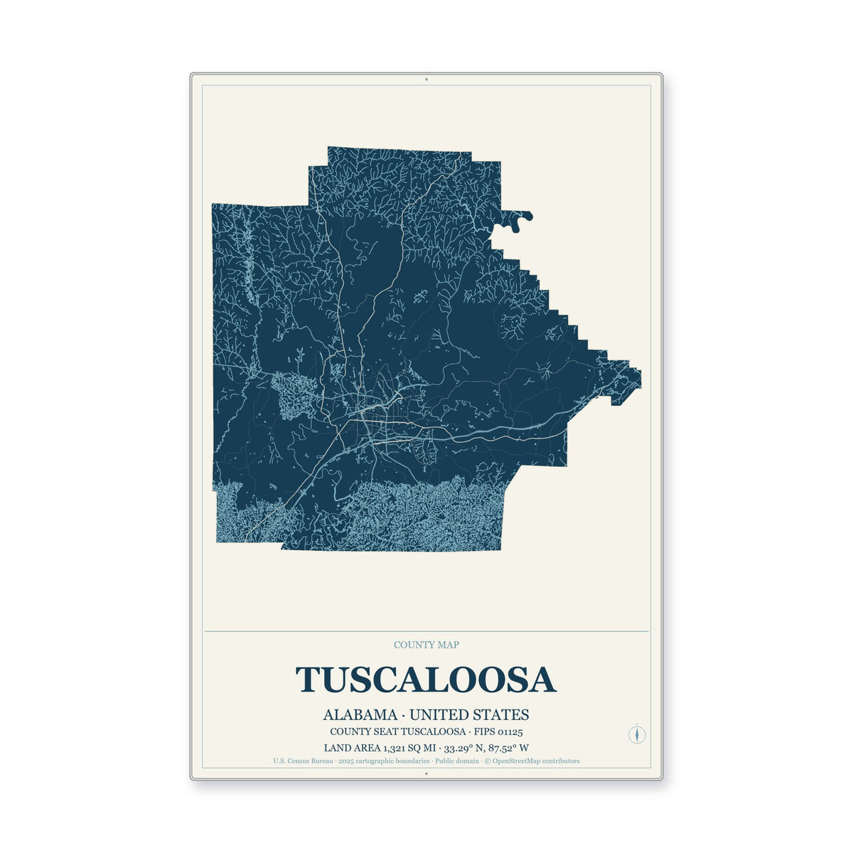 Tuscaloosa County, Alabama Map Aluminum Sign in Coastal Cutout style