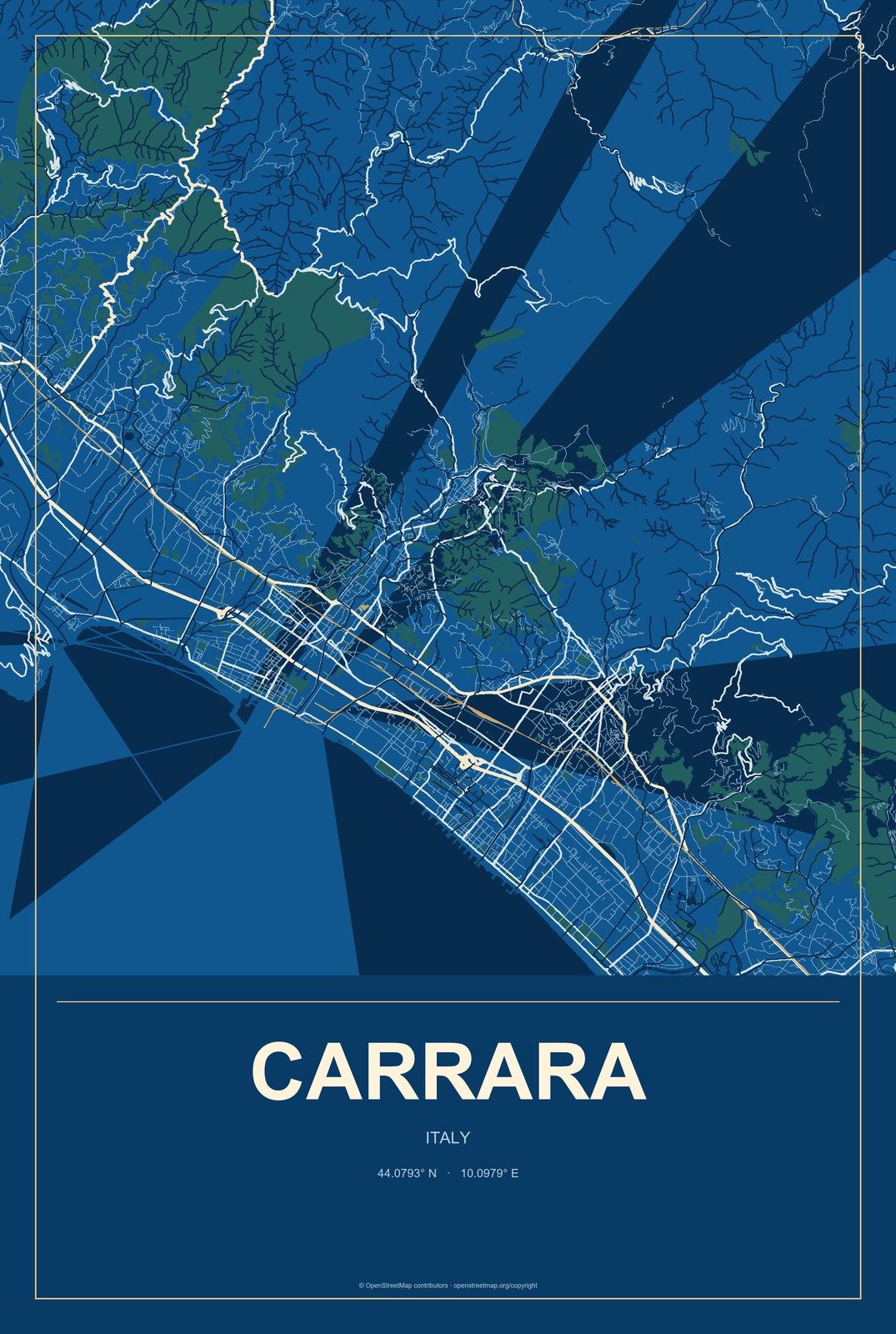 Carrara, Italy City Map Aluminum Sign in Harbor Cobalt style