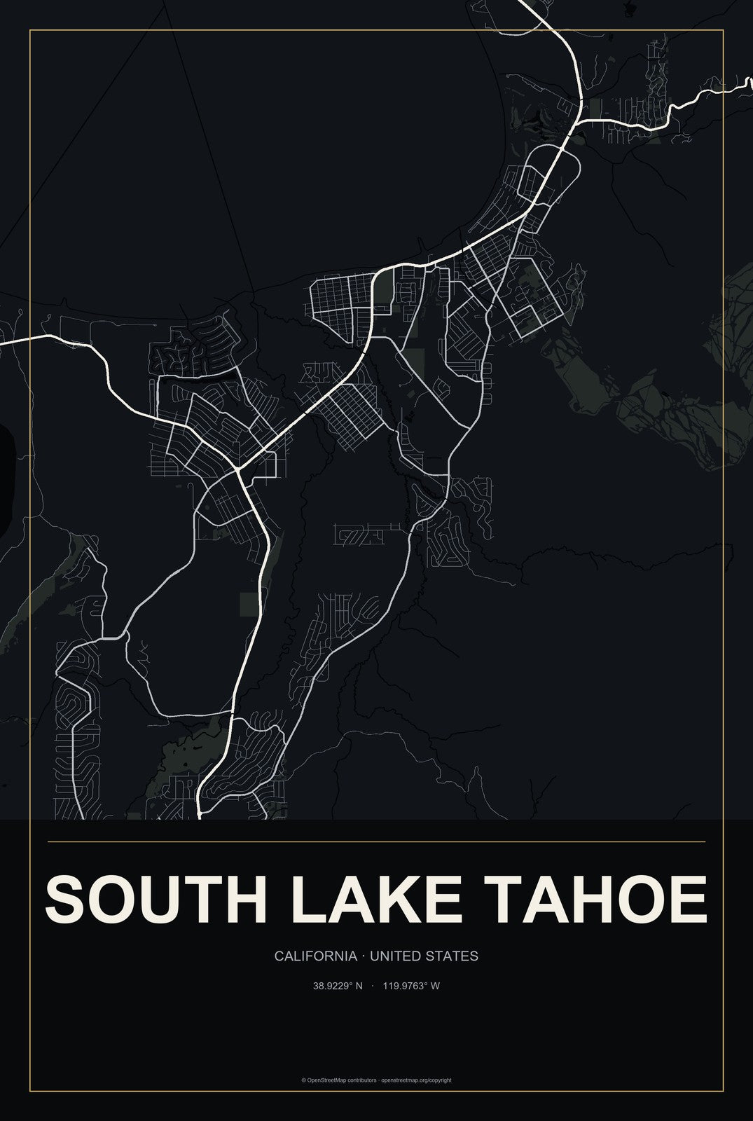 South Lake Tahoe, California City Map Aluminum Sign in Metropolitan Noir style