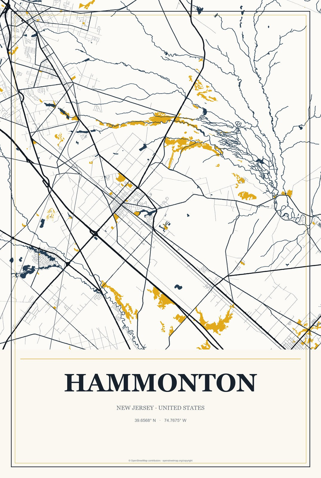 Hammonton, New Jersey City Map Aluminum Sign in Citrine Modern style