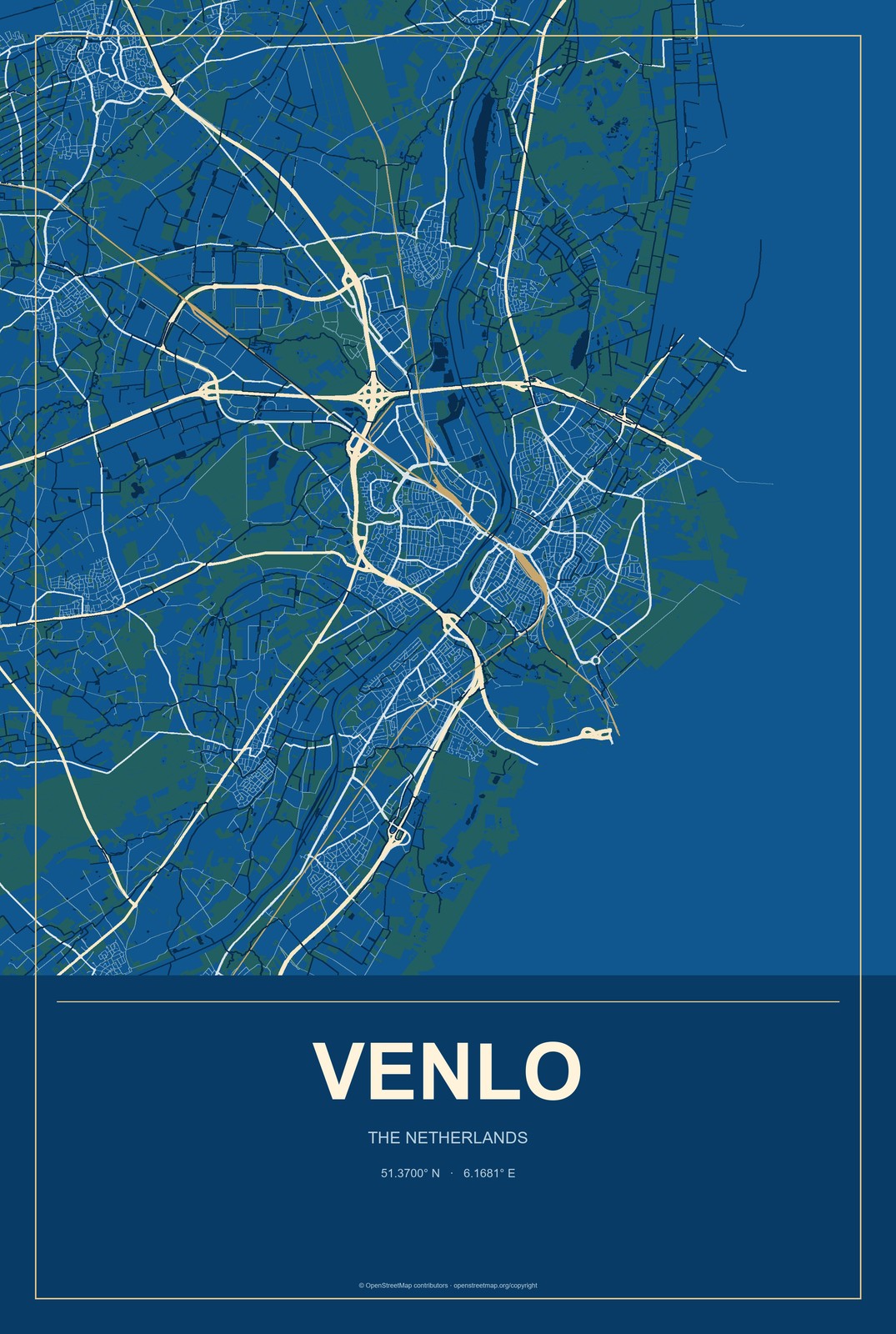Venlo, The Netherlands City Map Aluminum Sign in Harbor Cobalt style