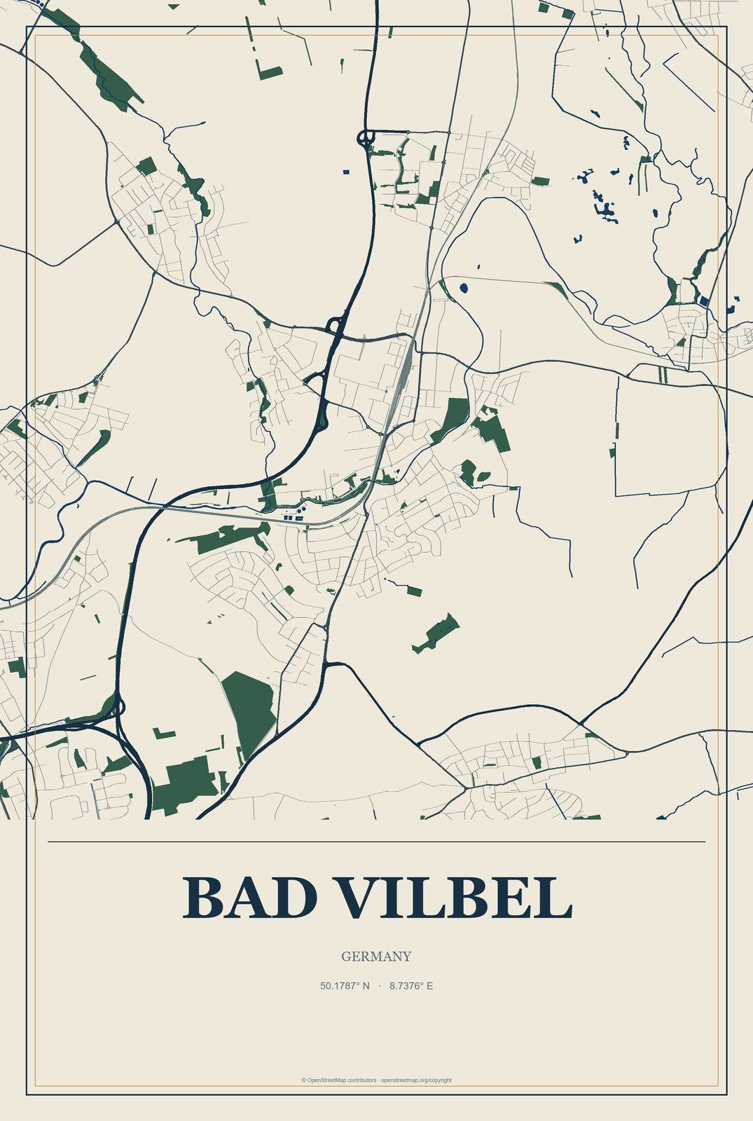 Bad Vilbel, Germany City Map Aluminum Sign in Coastal Cutout style
