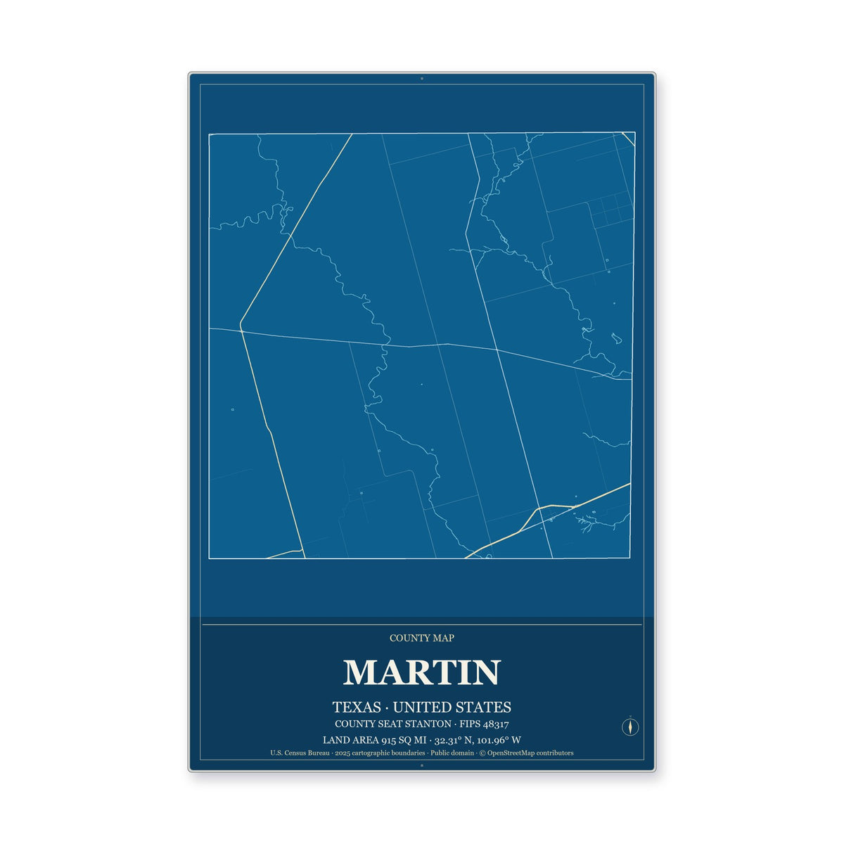 Martin County, Texas Map Aluminum Sign in Harbor Cobalt style