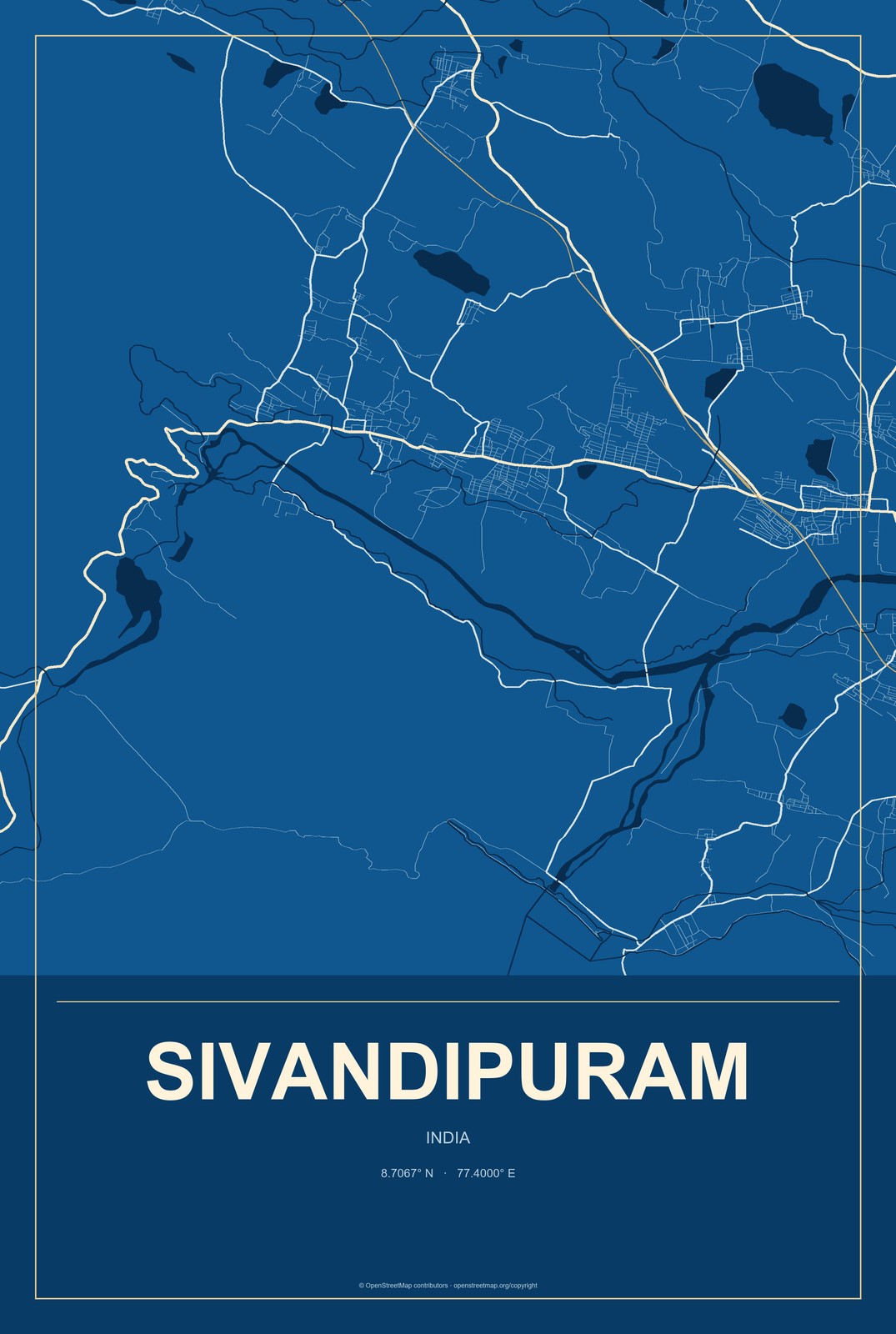 Sivandipuram, India City Map Aluminum Sign in Harbor Cobalt style