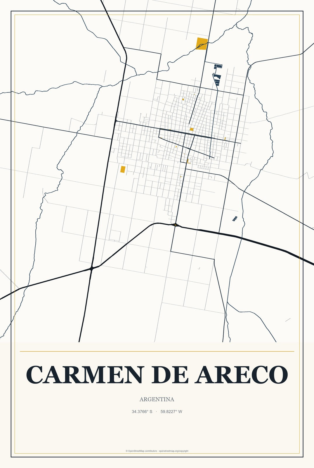 Carmen de Areco, Argentina City Map Aluminum Sign in Citrine Modern style